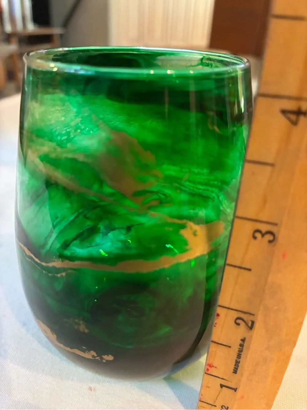 Handblown Green Glass Vase Wine Glass with Gold Veining Emerald Green Glass